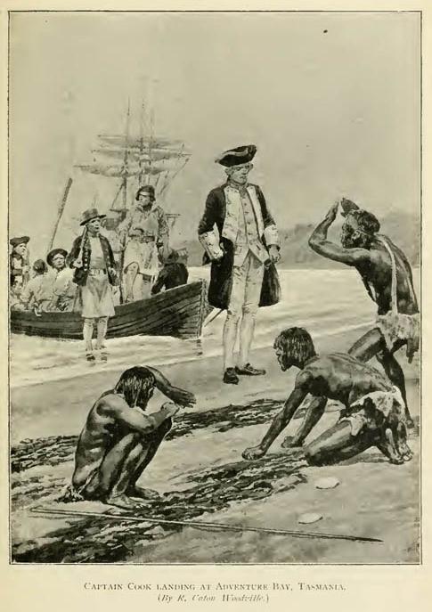 Captain Cook landing at Adventure Bay, Tasmania. (By R. Caton Woodville.)